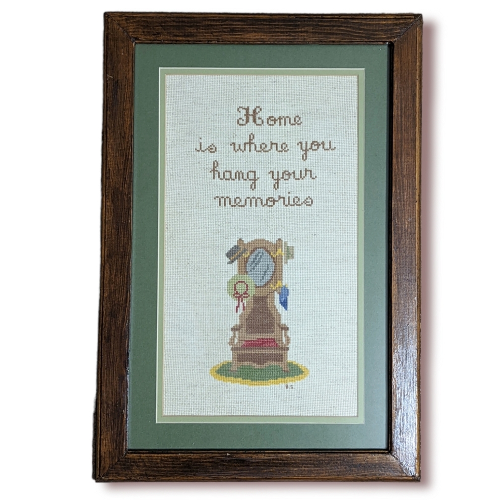 Vintage Cross-stitch Framed "Home is where you hang your memories" Matted 1985